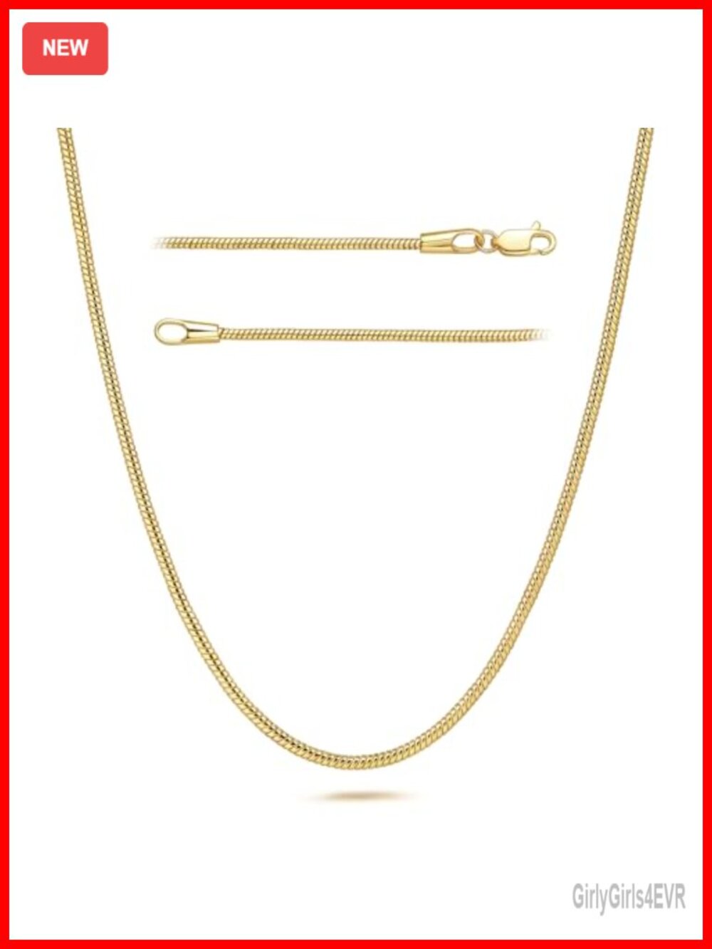 14K Gold Plated Snake Chain Necklace 1.5mm Lobster Clasp 18"